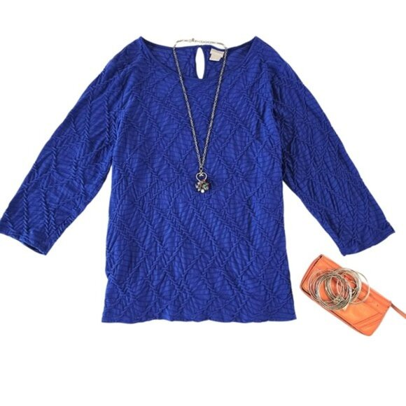 Chico's 3 Women's Top Blouse Size Large Blue Crinkled 3/4 Sleeves Stretchy - Picture 16 of 16